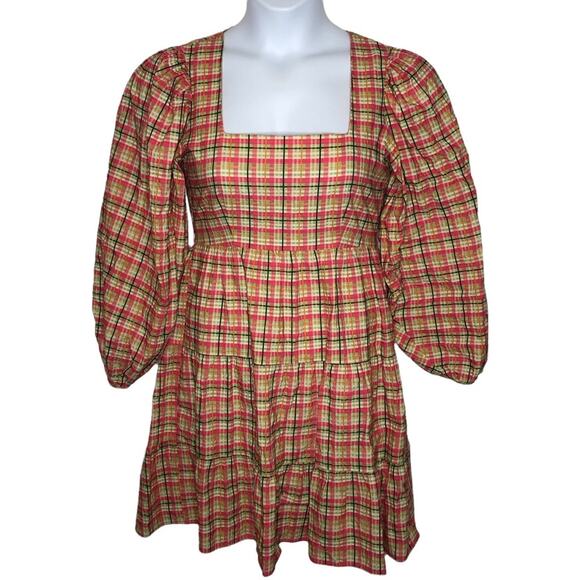 Topshop Check Plaid Smock Mini Dress Size 6 Y2K Babydoll Boho Puff Sleeve Retro - Picture 3 of 16
